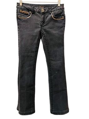 Cache Black Stretch Bootcut Jeans Leopard Trim Size 0